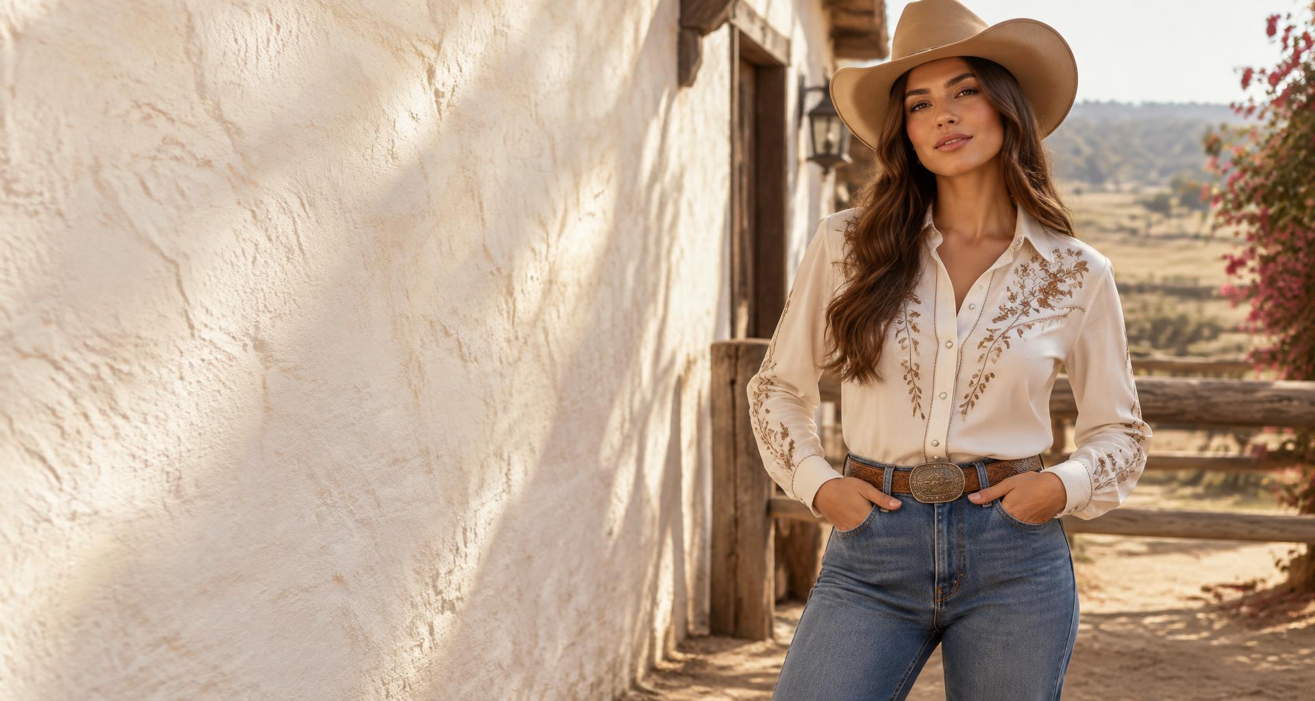 Coleção country feminina com camisa bordada e jeans